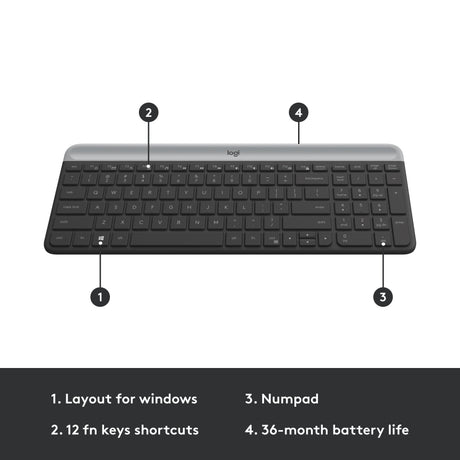 Zestaw bezprzewodowy Logitech mk470 slim (czarny, układ US-International (QWERTY), przełączniki nożycowe, 100%, 1000 dpi)