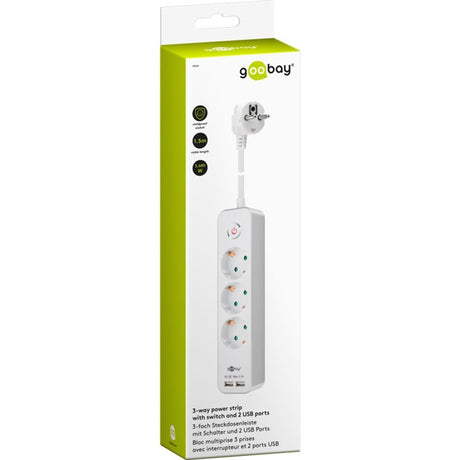 Goobay 3-kierunkowa listwa zasilająca z włącznikiem i listwą zasilającą USB (biała, kabel 1,5 m, 2x USB-A)