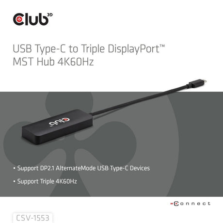 Koncentrator Club 3D USB-C na Triple DisplayPort MST (czarny, 4K60 Hz)