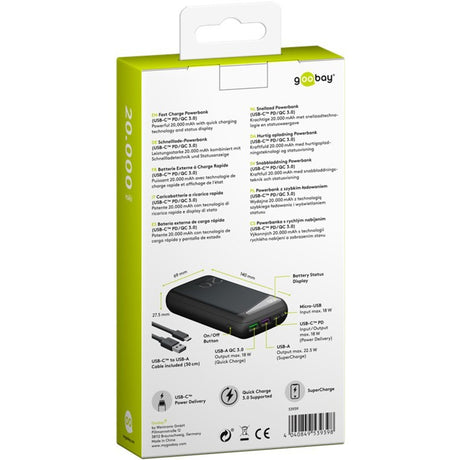Power bank Goobay z szybkim ładowaniem 20 000 mAh - 74 Wh (czarny, USB-C PD, QC 3.0)