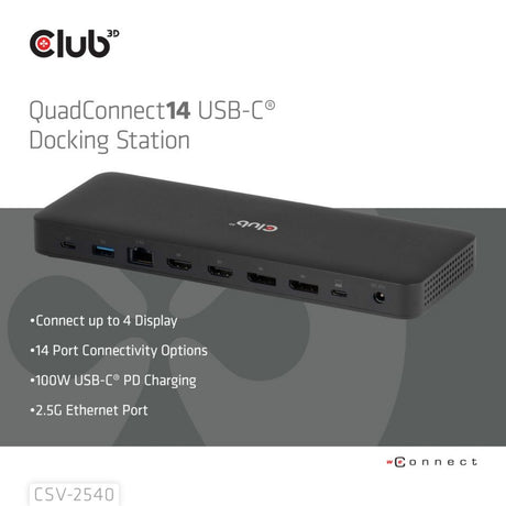 Stacja dokująca z czterema wyświetlaczami Club 3D 14-1 USB-C (czarna)