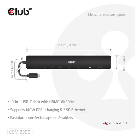 Przenośna stacja dokująca Club 3d 10-1 USB Type-C 10 Gbps na HDMI 8k30 Hz pd3.1 Stacja dokująca o maksymalnej mocy 140 W (czarna, HDMI, USB-C, LAN)