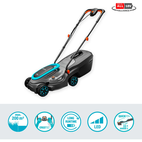 Gardena powermax 32 18v p4a czytaj akumulator do kosiarki w komplecie. ładowarka 18 v szerokość cięcia max. 320 mm