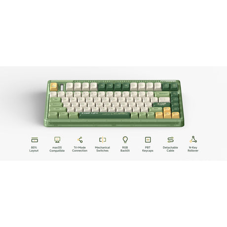 Bezprzewodowa klawiatura mechaniczna kempingowa Iqunix og80 (zielona, układ amerykański (qwerty), wiśnia mx czerwona, 80% (tkl), diody rgb, możliwość wymiany podczas pracy, pbt, 2,4 GHz | bluetooth 5.1 | usb-c)