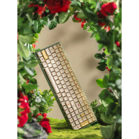 Mechaniczna klawiatura do gier Iqunix F97 Floral Date RGB (zielona, układ USA (QWERTY), Gateron Red, 96%, diody RGB, możliwość wymiany podczas pracy, pbt, 2,4 GHz | bluetooth 5.1 | USB-C)