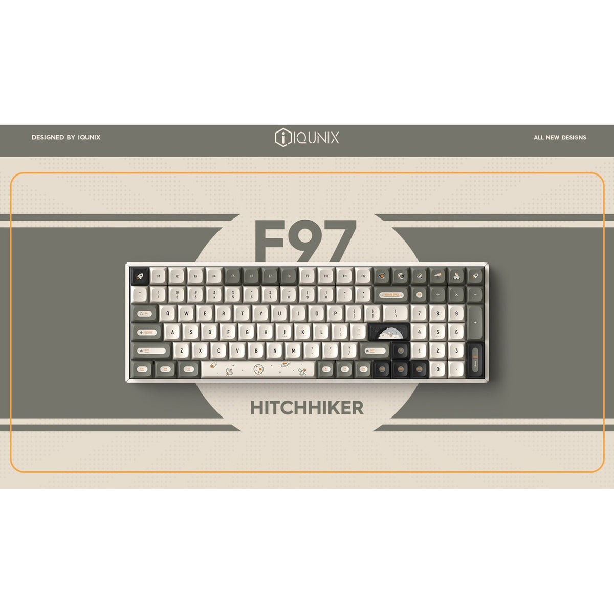 Bezprzewodowa klawiatura mechaniczna Iqunix F97 hitchhiker (szara, układ amerykański (qwerty), wiśniowy mx brązowy, 96%, diody rgb, hot-swap, pbt, 2,4 ghz | bluetooth 5.1 | usb-c)