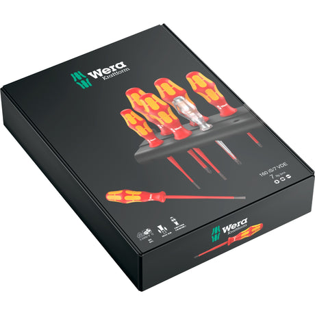 Wera 160 to zestaw 7 wkrętaków Kraftform plus seria 100 (czerwony żółty, jednobiegunowy tester fazy, uchwyt, 7 sztuk)