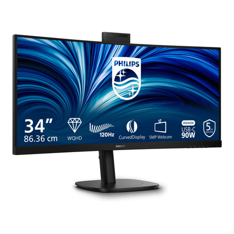 Philips 34b2u3600ch 34 curved ultrawide monitor (zwart, 1x displayport, 2x hdmi, 1x usb-c, 3x usb-a, 1x rj-45, 120 hz)