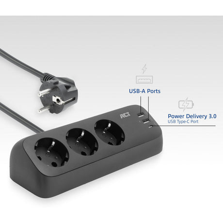 Act connectivity act stekkerdoos met 3 type-f stopcontacten, 30w power delivery, usb type-c a poorten, kabellengte 1,5 meter ac2480