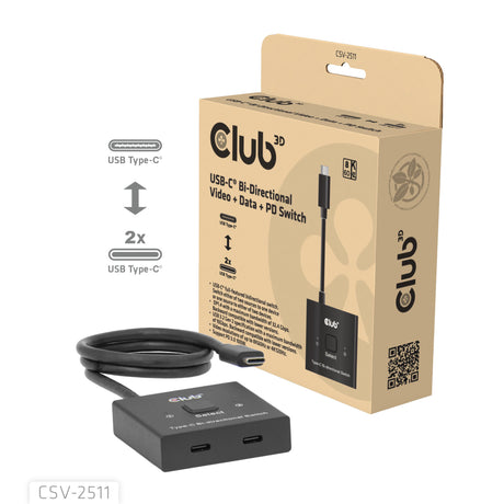 Club 3D USB-C dwukierunkowe wideo + dane + przełącznik PD Przełącznik USB (czarny)