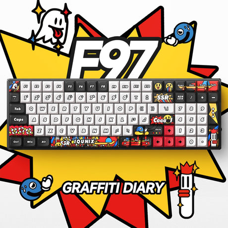 Bezprzewodowa klawiatura mechaniczna Iqunix f97 graffiti diary (czarna, układ amerykański (qwerty), wiśnia mx czerwona, 96%, diody rgb, możliwość wymiany podczas pracy, pbt, 2,4 GHz | bluetooth 5.1 | usb-c)