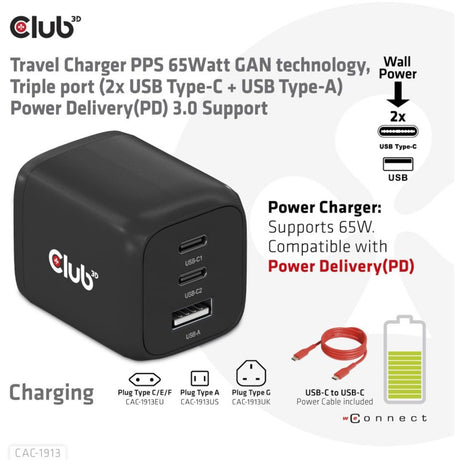 Ładowarka podróżna Club 3d 65W gan (czarna)