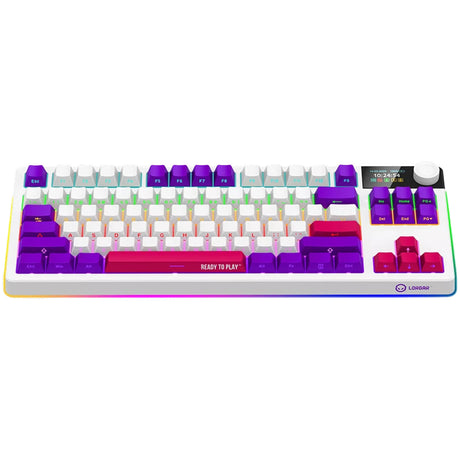 Mechaniczna klawiatura do gier Lorgar kbp70tklw rgb (biała, układ amerykański (qwerty), logar toksyczny fiolet, 80% (tkl), rgb, możliwość wymiany podczas pracy, podwójny strzał pbt, bluetooth | 2,4 ghz | usb)
