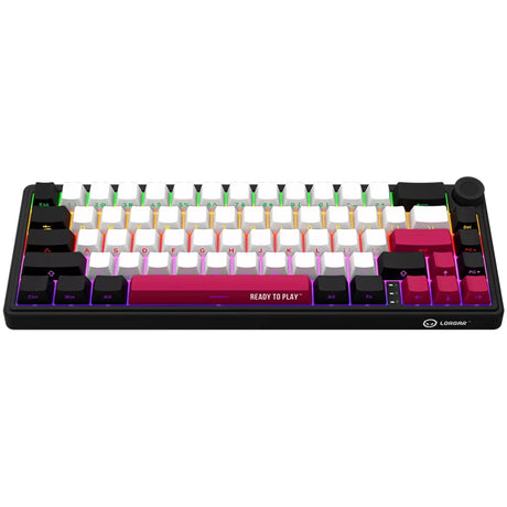 Mechaniczna klawiatura do gier Lorgar kbp70mw rgb (czarna, układ amerykański (qwerty), logar toksyczny fiolet, 65%, rgb, możliwość wymiany podczas pracy, podwójny strzał pbt, bluetooth | 2,4 GHz | usb)