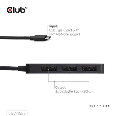 Koncentrator Club 3D USB-C na Triple DisplayPort MST (czarny, 4K60 Hz)