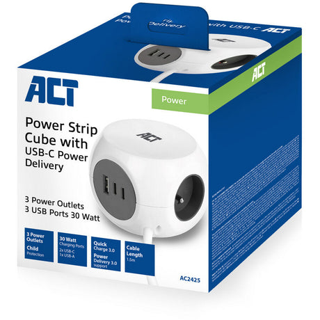 Act Connectivity Act listwa zasilająca z 3 gniazdami, zasilanie 30 W, porty USB-C a, długość kabla 1,5 m ac2425