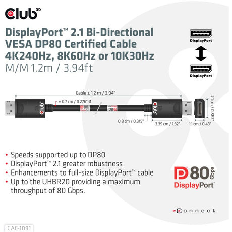Kabel z certyfikatem Club 3D DisplayPort 2.1 Vesa DP80 męsko-męski (czarny, 1,2 m, 4K 240 Hz, 8K 60 Hz, 80 Gb/s)