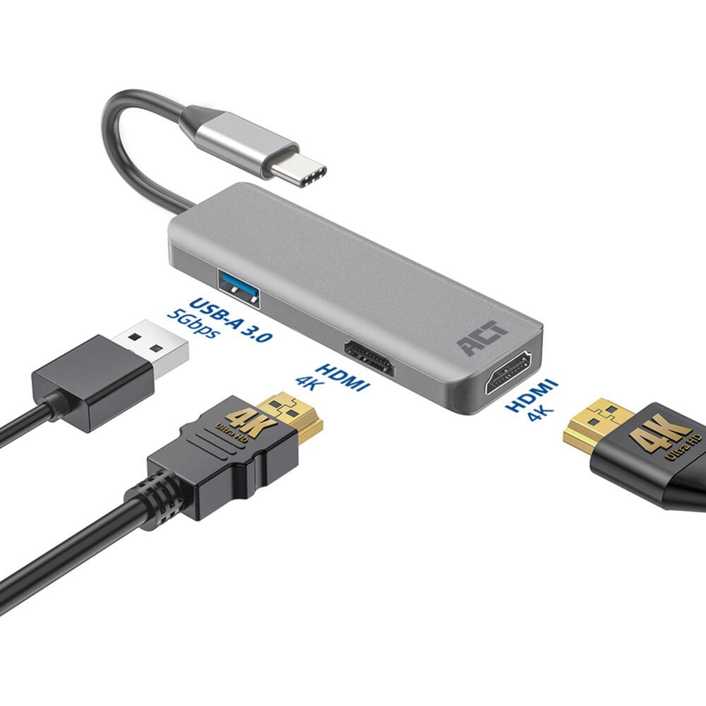 Łączność Act Wieloportowy adapter USB-C 4K do 2 ekranów HDMI, port danych USB-A (aluminium)
