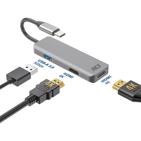 Łączność Act Wieloportowy adapter USB-C 4K do 2 ekranów HDMI, port danych USB-A (aluminium)