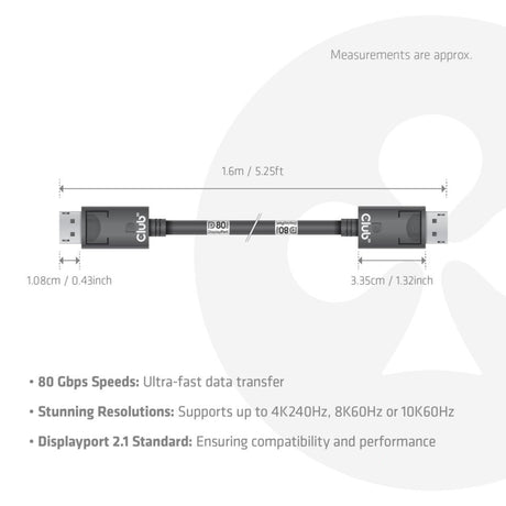 Kabel z certyfikatem Club 3D DisplayPort 2.1 Vesa DP80 męsko-męski (czarny, 1,6 m, 8K 240 Hz, 10 K 60 Hz, 80 Gb/s)
