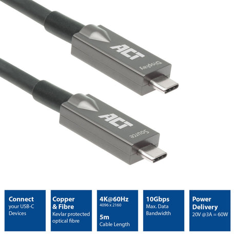 Aktywny kabel optyczny (AOC) USB-C 3.2 gen2 (AOC) (szary czarny, 5 metrów)