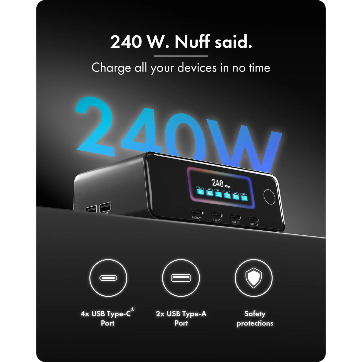 Stacja ładująca Icy Box 240W Gan (czarna, 4x USB-C, 2x USB-A)
