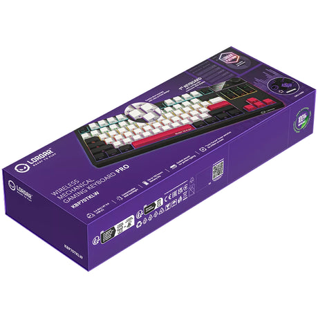 Mechaniczna klawiatura do gier Lorgar kbp70tklw rgb (czarna, układ amerykański (qwerty), logar toksyczny fioletowy, 80% (tkl), rgb, z możliwością wymiany podczas pracy, podwójny strzał pbt, bluetooth | 2,4 ghz | usb)