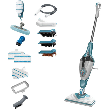 Mop parowy Black+decker bhsm1610dsm 1600 W ze steamitt, stopką delta i 15 akcesoriami do odkurzacza parowego (biały niebiesko-szary)