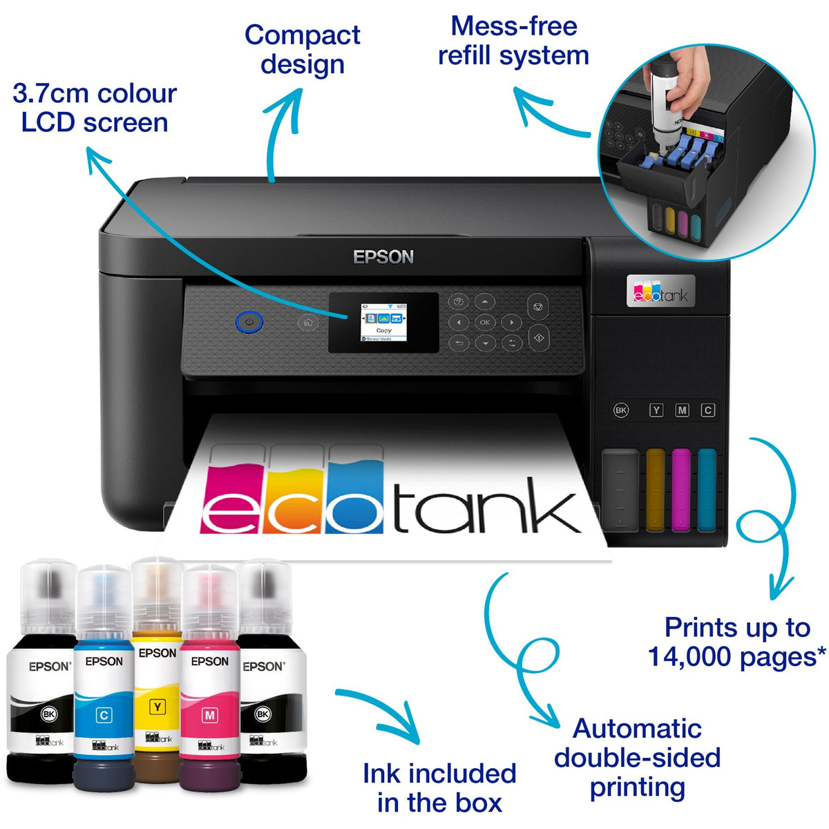 Wielofunkcyjna drukarka atramentowa Epson ecotank et-2850 a4 ze zbiornikiem atramentu (czarny, skanowanie, kopiowanie, Wi-Fi, w tym do 3 lat atramentu)