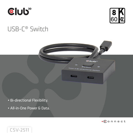 Club 3D USB-C dwukierunkowe wideo + dane + przełącznik PD Przełącznik USB (czarny)
