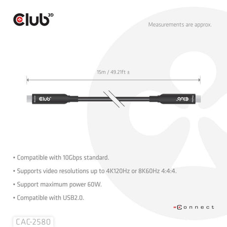 W pełni funkcjonalny kabel Club 3D USB-C, 15 m (czarny, 8k60hz 10gbps 60w)