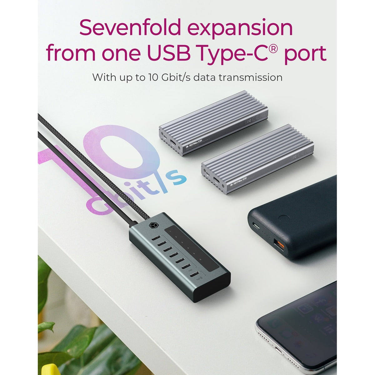 Icy box 7-portowy koncentrator USB-C 3.2 gen 2 (niebiesko-szary)