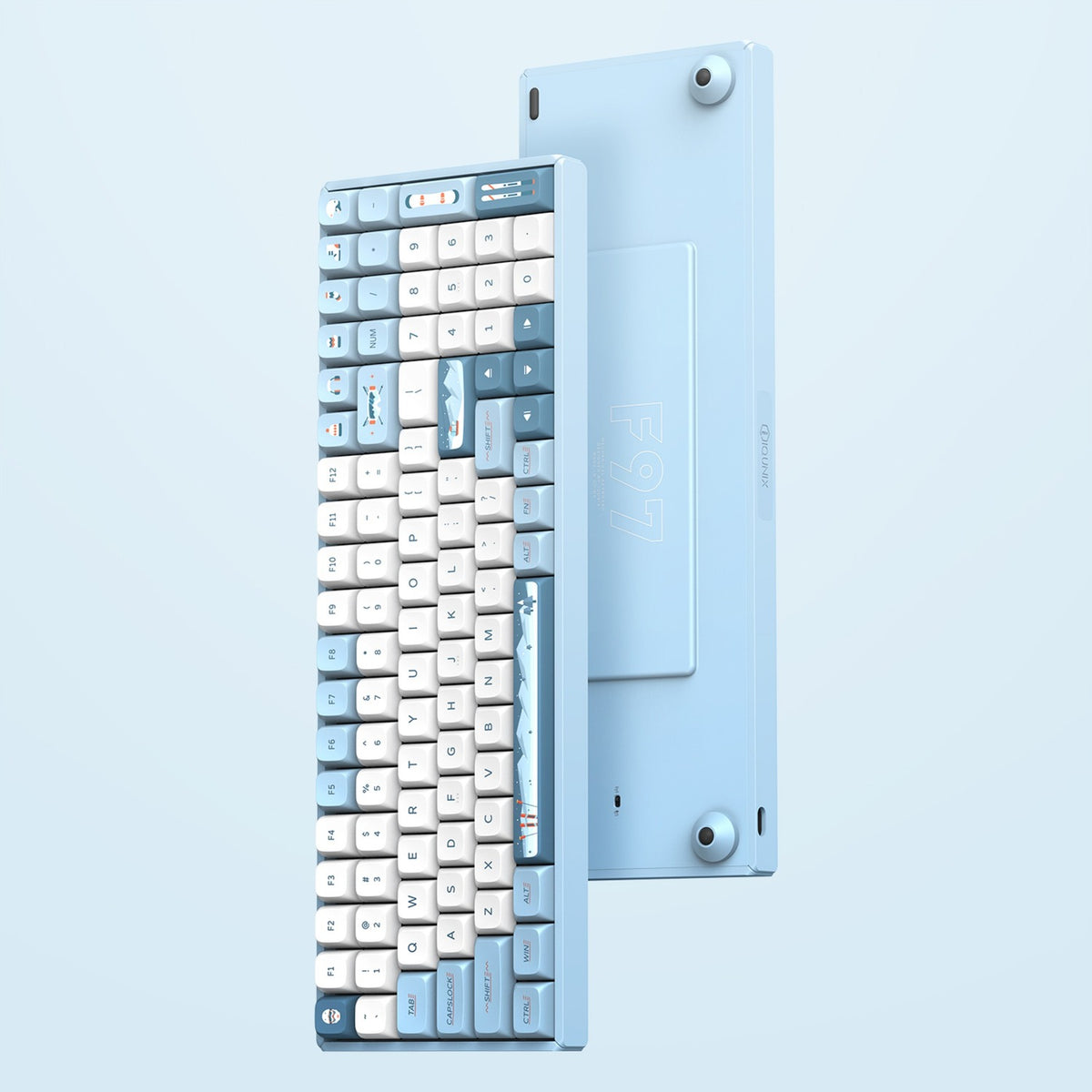 Bezprzewodowa klawiatura mechaniczna Iqunix F97 Wintertide (jasnoniebieski, układ US (QWERTY), Cherry MX Brown, 96%, diody LED RGB, możliwość wymiany podczas pracy, PBT, 2,4 GHz | Bluetooth 5.1 | USB-C)