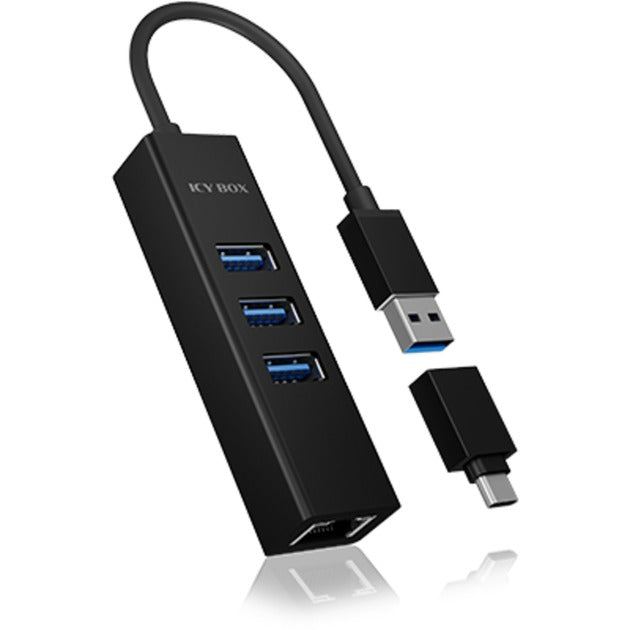 Icy box ib-hub1419-lan koncentrator USB (czarny, 3x USB-A 3.2 (5 Gbit s), 1x LAN)