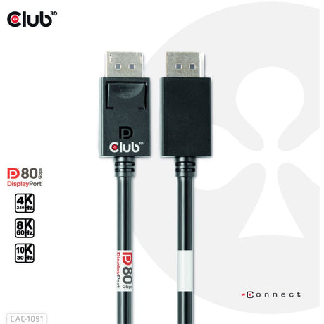 Kabel z certyfikatem Club 3D DisplayPort 2.1 Vesa DP80 męsko-męski (czarny, 1,2 m, 4K 240 Hz, 8K 60 Hz, 80 Gb/s)
