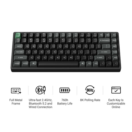 Keychron k2 ultra 8k wireless custom mechanical keyboard (zwart, us lay-out (qwerty), apex banana, 75%, rgb leds, osa double-shot pbt, usb-c | 2.4 ghz | bluetooth 5.2)