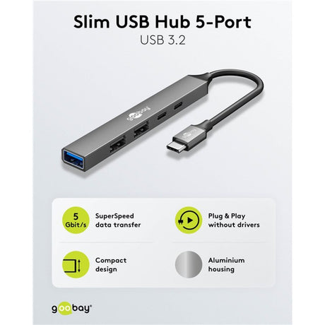 Goobay slim Hub USB z 5 portami, USB-C na USB-C USB-A, 5 Gbit s (jasnoszary)