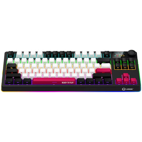 Mechaniczna klawiatura do gier Lorgar kbp70tklw rgb (czarna, układ amerykański (qwerty), logar toksyczny fioletowy, 80% (tkl), rgb, z możliwością wymiany podczas pracy, podwójny strzał pbt, bluetooth | 2,4 ghz | usb)
