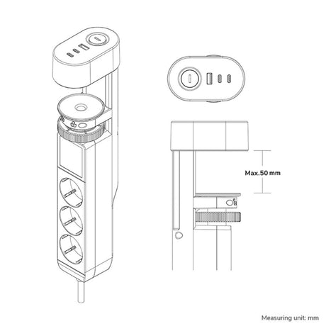 Gniazdo biurkowe Neomounts DS22-840BL6 z zaciskiem i portami USB-C i USB-A - listwa zasilająca z szybkim ładowaniem (czarna)