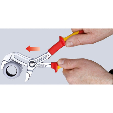 Knipex cobra vde high-tech szczypce do pomp wodnych 87 26 250 Szwedzkie szczypce do pomp wodnych (czerwono-żółte, ząbkowane powierzchnie chwytne, przebijany zawias)