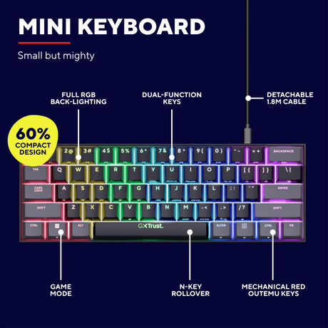 Trust GXT 867 Acira mini mechaniczna klawiatura do gier 60% (czarna, układ US (QWERTY), Outemu Red, 60%, RGB)