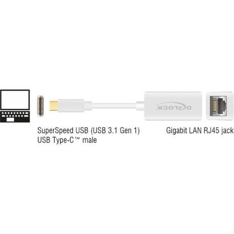 Delock superspeed USB-C (USB 3.1 gen 1) męski > kompaktowy adapter gigabit LAN 10 100 1000 Mbps (biały, 0,135 m)