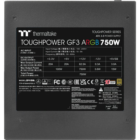 Modułowy zasilacz Thermaltake ToughPower GF3 ARGB Gen 5 EU o mocy 750 W (czarny, 4x PCIe)
