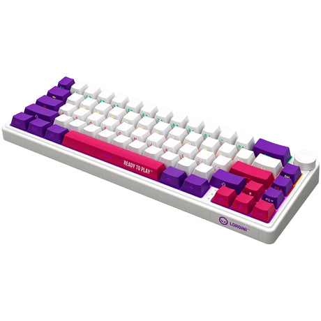 Mechaniczna klawiatura do gier Lorgar kbp70mw rgb (biała, układ amerykański (qwerty), logar toksyczny fiolet, 65%, rgb, możliwość wymiany podczas pracy, podwójny strzał pbt, bluetooth | 2,4 GHz | usb)