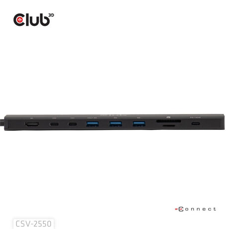 Przenośna stacja dokująca Club 3d 10-1 USB Type-C 10 Gbps na HDMI 8k30 Hz pd3.1 Stacja dokująca o maksymalnej mocy 140 W (czarna, HDMI, USB-C, LAN)
