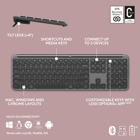 Zestaw bezprzewodowych komputerów stacjonarnych Logitech mk950 Signature Slim (grafit, układ USA-International (QWERTY), 400 - 4000 dpi)