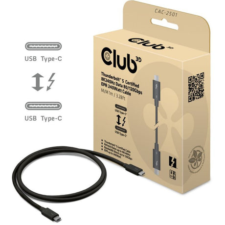 Certyfikat Club 3d Thunderbolt 5 8k240hz kabel (czarny, dane 80 120 Gbps, epr 240 W, 1 metr)