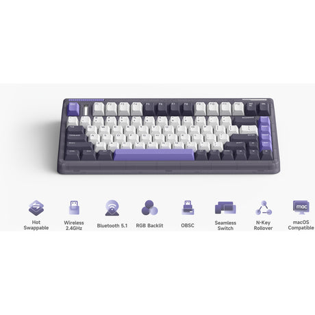 Bezprzewodowa klawiatura mechaniczna Iqunix og80 lavandin (lawenda, układ amerykański (qwerty), wiśnia mx czerwona, 80% (tkl), możliwość wymiany podczas pracy, pbt, 2,4 GHz | bluetooth 5.1 | usb-c)