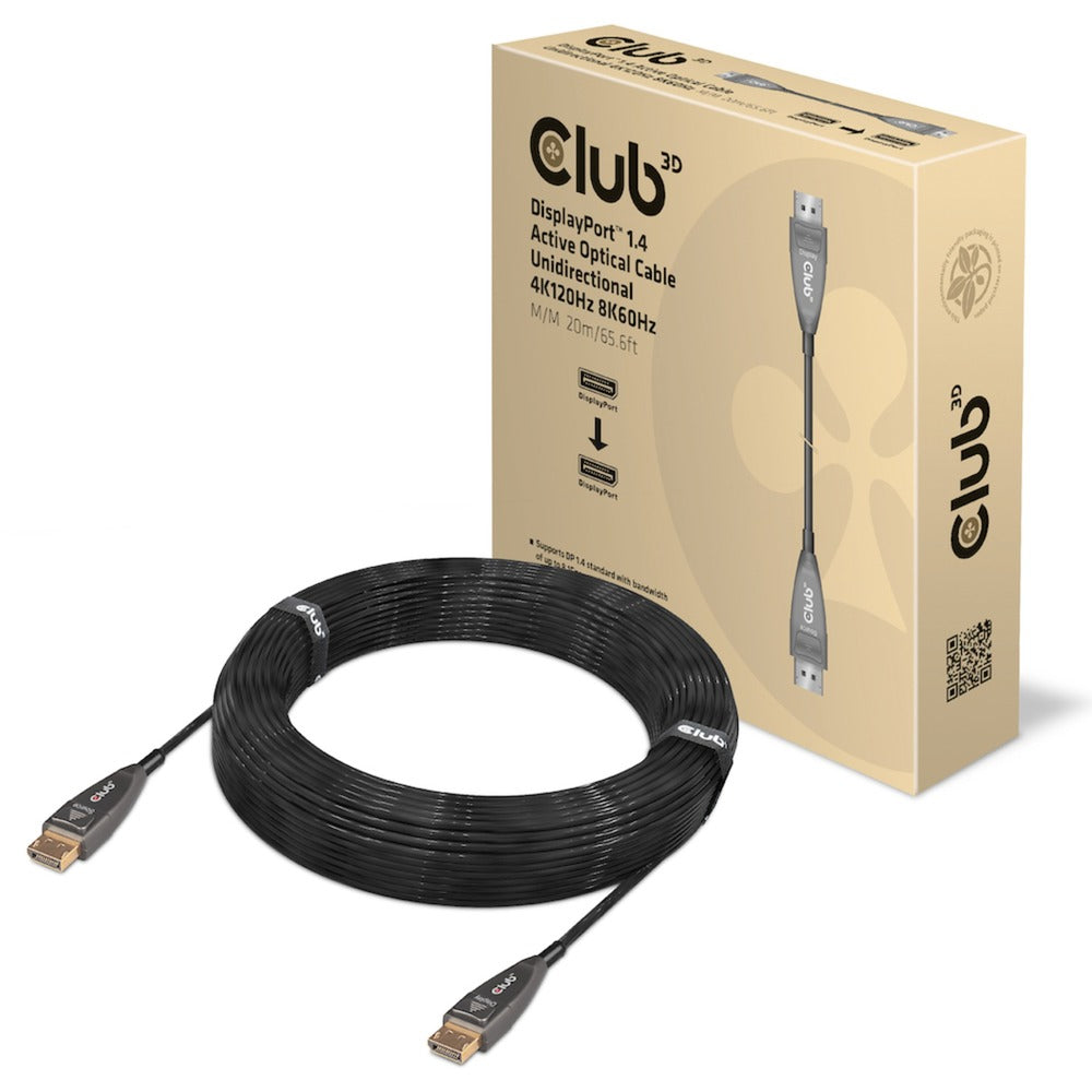Aktywny optyczny jednokierunkowy kabel Club 3d Displayport 1.4 (czarny, 20 metrów, 4k 120 Hz, 8k 60 Hz)