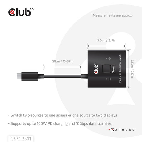 Club 3D USB-C dwukierunkowe wideo + dane + przełącznik PD Przełącznik USB (czarny)